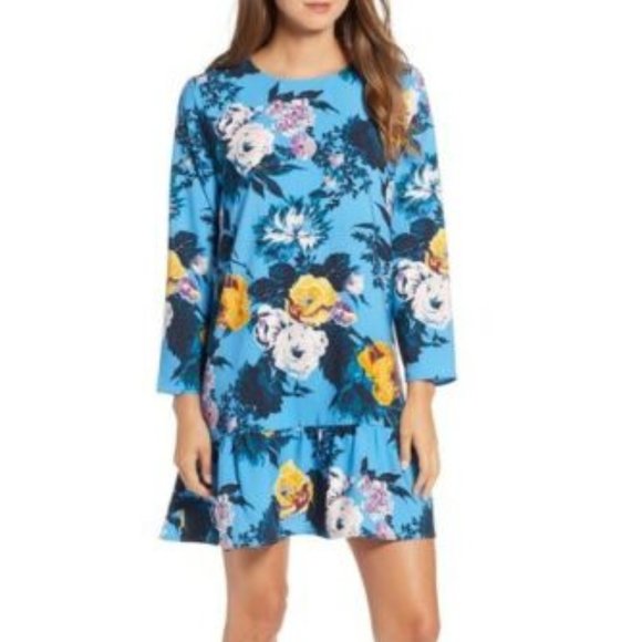 Halogen Dresses & Skirts - Halogen Shift Dress Size S Womans Blue Button Back Ruffle Hem Floral Print